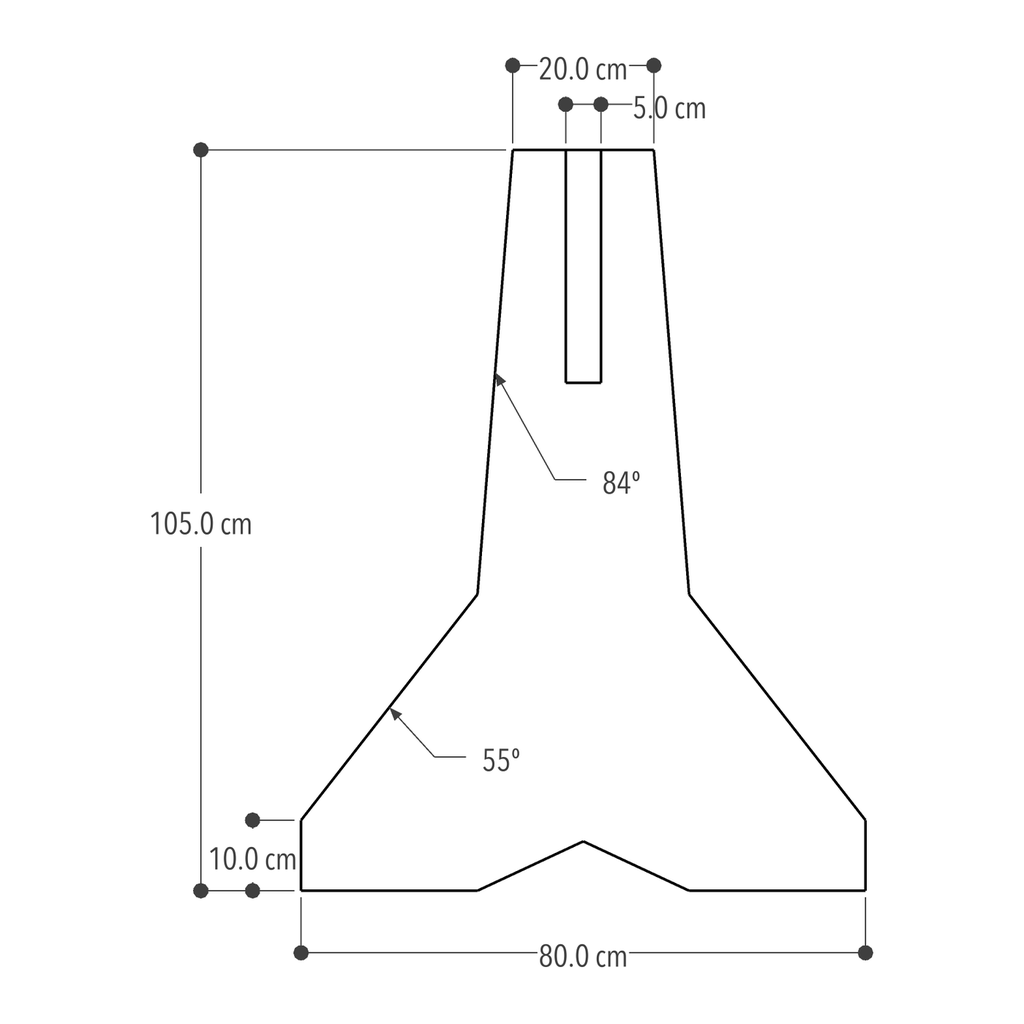 Sección transversal acotada: 105 cm de altura, 80 cm de base, 20 cm de corona y 10 cm de rodapié