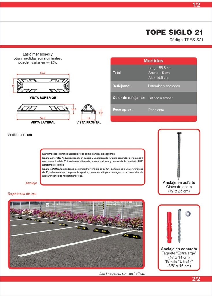 TOPE PARA CAJÓN DE ESTACIONAMIENTO SIGLO 21 (56 CM, ANCLAJE PARA CONCRETO)