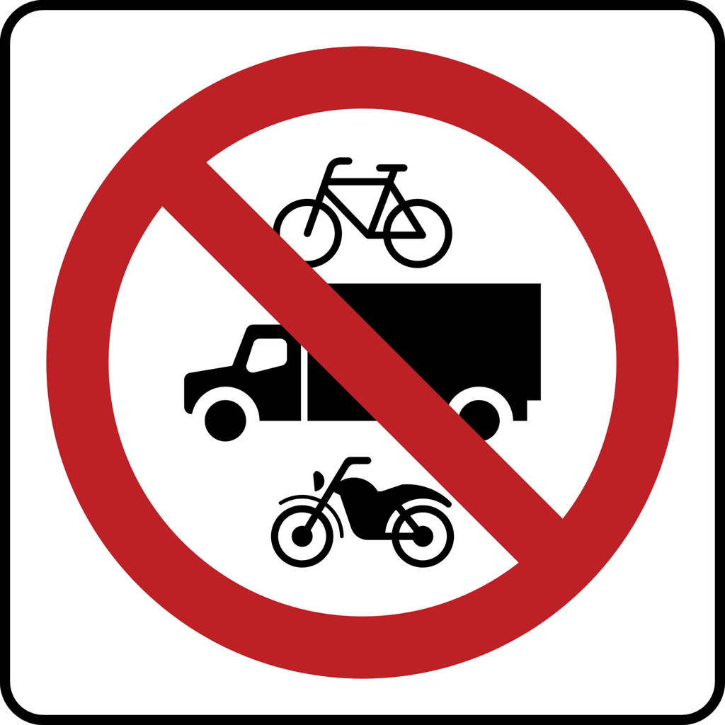 TABLERO PARA SR-27 PROHIBIDA LA CIRCULACIÓN DE BICICLETAS, VEHÍCULOS DE CARGA Y MOTOCICLETAS (Ingeniería, 61 X 61 CM)